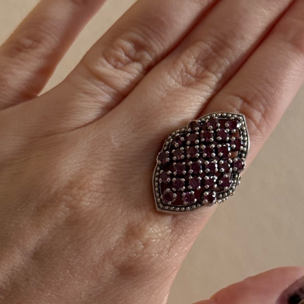 Vintage Nicky Butler Sterling Silver Garnet & Marcasite Statement Ring Size 8